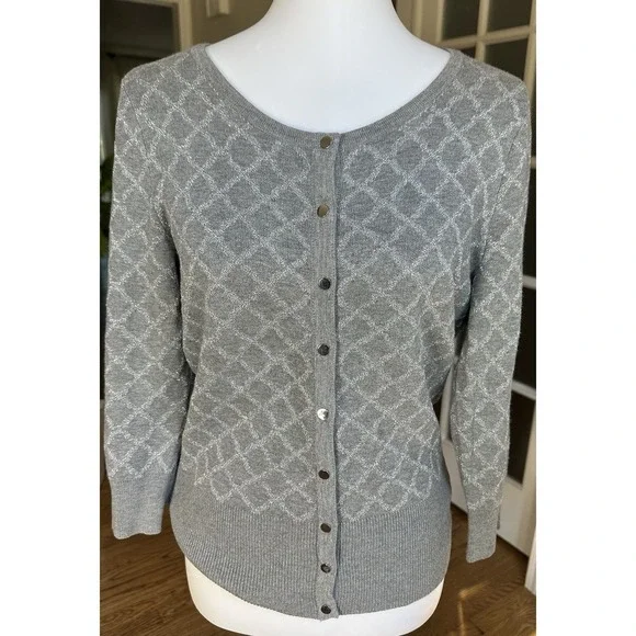White House Black Market Gray Metallic Button Cardigan Sweater Women's M - Picture 1 of 7
